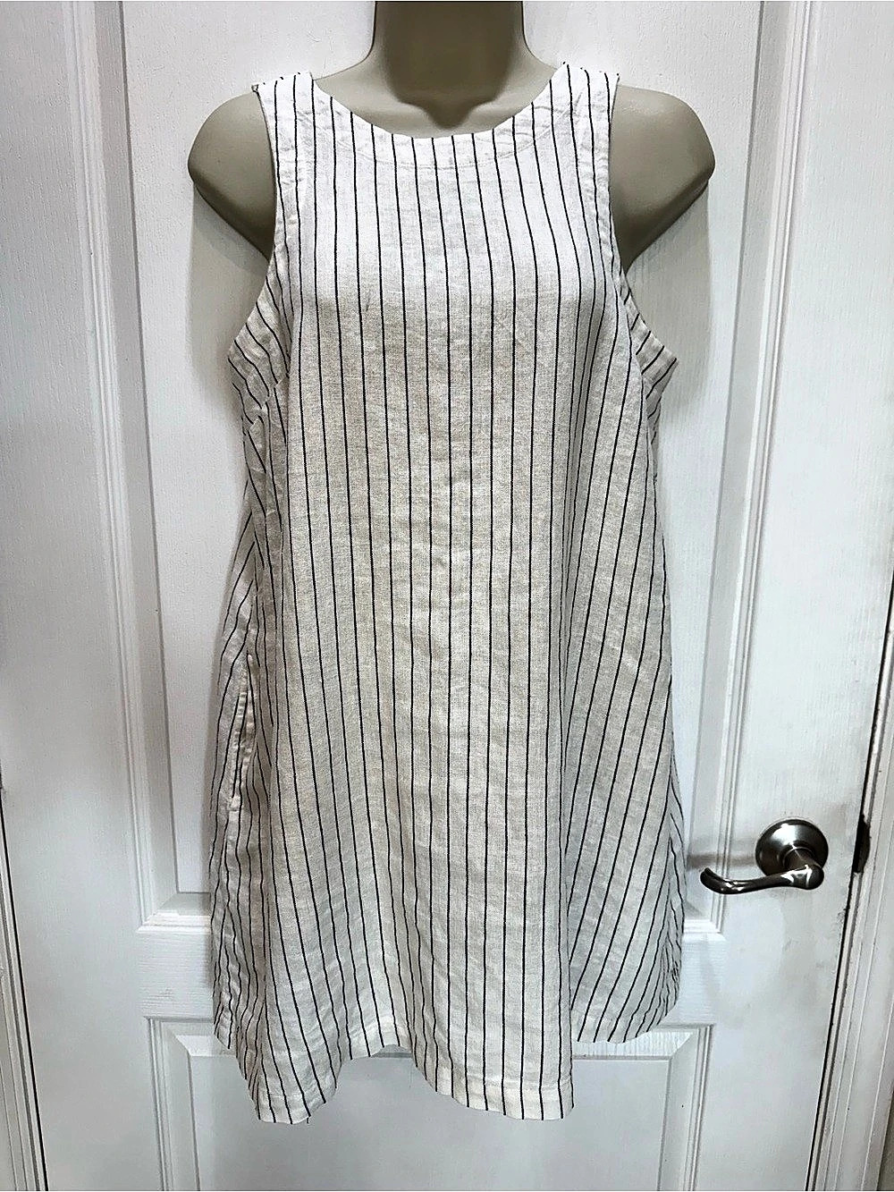 a new day Women's Linen Mini Shift Dress - White Striped White & Black XS